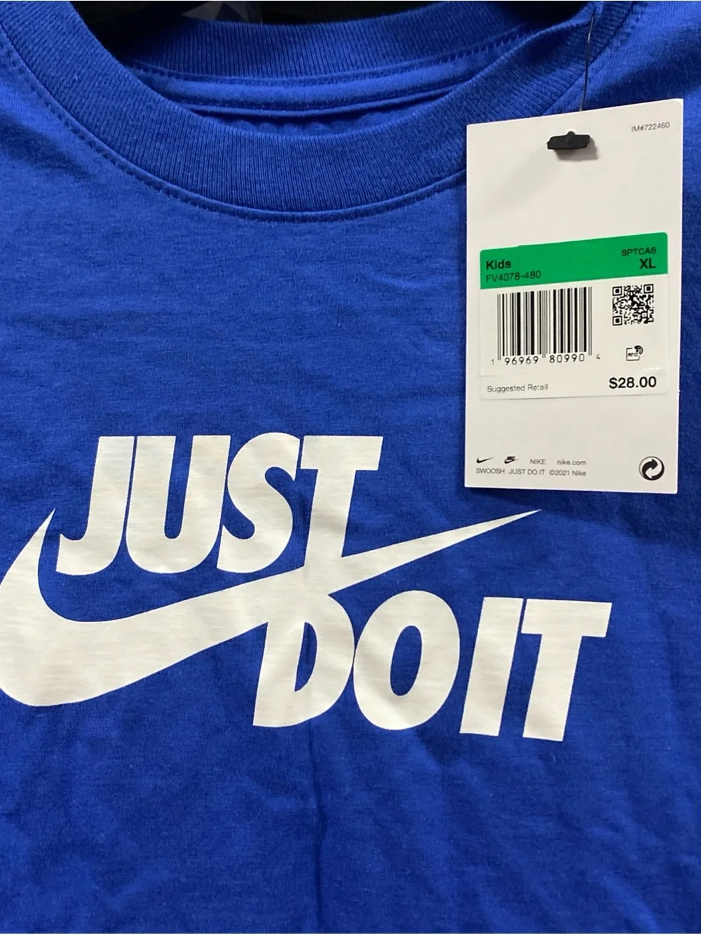 The Nike Tee “Just Do It” T-Shirt Logo Kids XL Unisex Blue White NWT FV4078-480